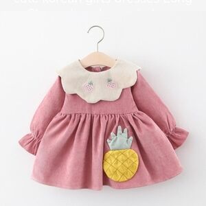 cute korean girls dresses Curdroy Long Sleeve Lapel  dress pineapple embroidery